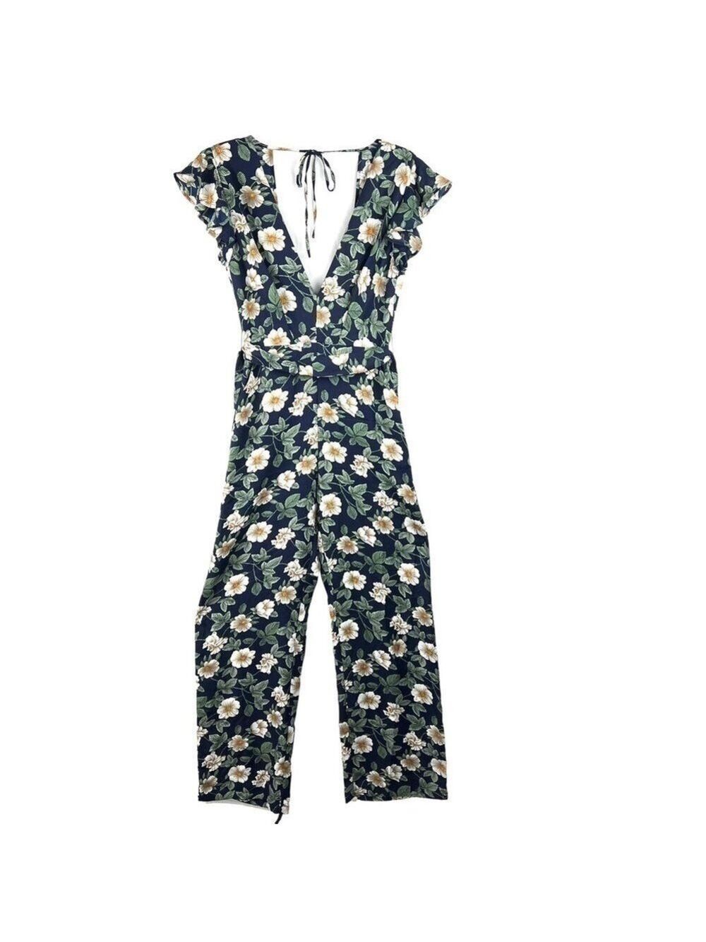 New-shop17 Floral Print Deep V-neck, Open Tie Back, Wide Leg One Piece Jump Suit